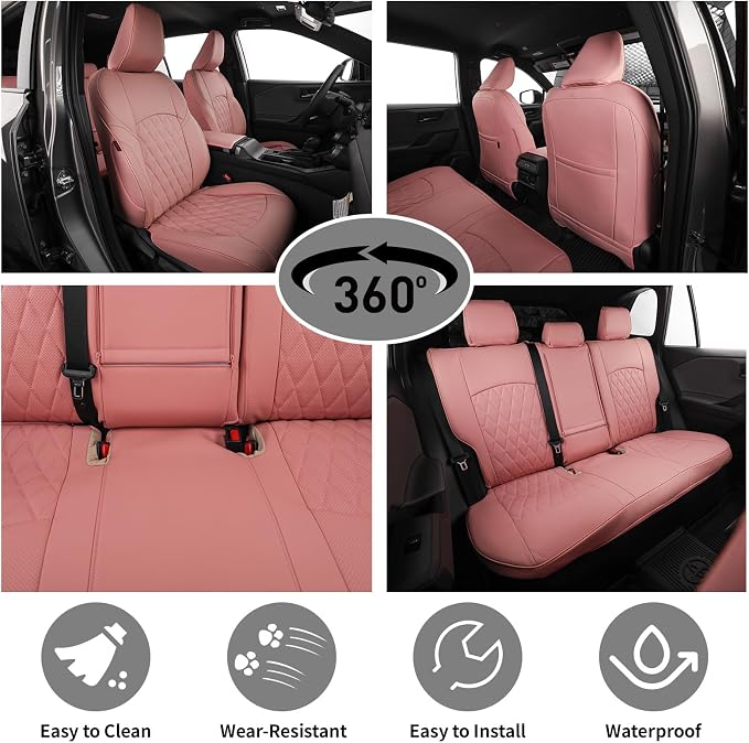 EKR Rav4 Seat Covers Custom Fit for Toyota Rav4 2021-2024 Prime SE,XSE & 2019-2025 Hybrid/PHEV SE,XSE, Leather Pink Seat Cover Full Set for Women,Faux Leather(Pink)