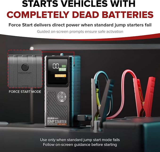 Jump Starter with Air Compressor, Portable Car Battery Booster for Dead Batteries, 150 PSI Tire Inflator – Starts Up to 6.5L Gas / 3.5L Diesel Engines, Power Bank, LED Display – DSMDAutos