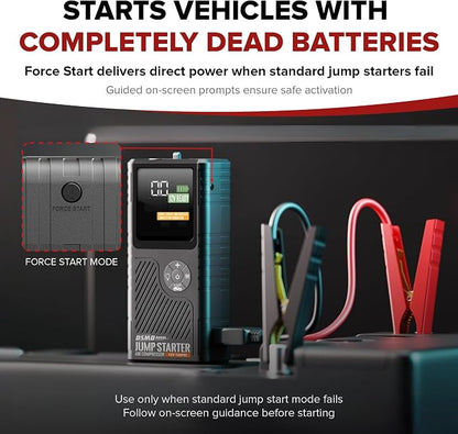 Jump Starter with Air Compressor, Portable Car Battery Booster for Dead Batteries, 150 PSI Tire Inflator – Starts Up to 6.5L Gas / 3.5L Diesel Engines, Power Bank, LED Display – DSMDAutos