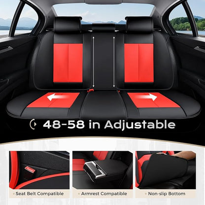 Coverado Leather Seat Covers Full Set, Black and Red Leather Car Seat Cover, Waterproof Car Seat Protector with Lumbar Support, Automotive Seat Covers Universal Fit for Most Cars SUV Truck