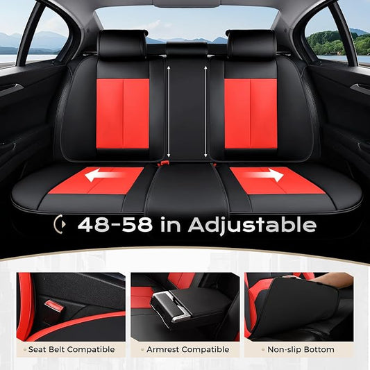 Coverado Leather Seat Covers Full Set, Black and Red Leather Car Seat Cover, Waterproof Car Seat Protector with Lumbar Support, Automotive Seat Covers Universal Fit for Most Cars SUV Truck