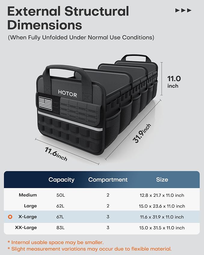 HOTOR Tactical Car Trunk Organizer - Foldable Trunk Organizer for SUV with Front MOLLE Pocket & Reflective Strips, Essential Car Accessories for Tools & Outdoor Storage, 11.6" x 31.9" x 11.0", Black