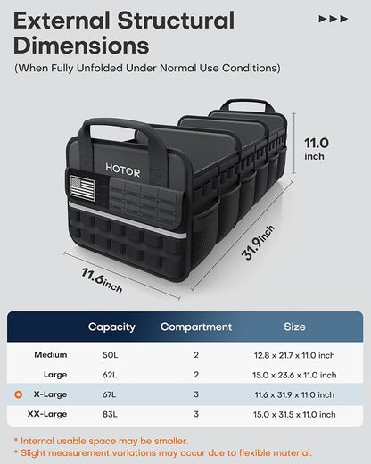 HOTOR Tactical Car Trunk Organizer - Foldable Trunk Organizer for SUV with Front MOLLE Pocket & Reflective Strips, Essential Car Accessories for Tools & Outdoor Storage, 11.6" x 31.9" x 11.0", Black