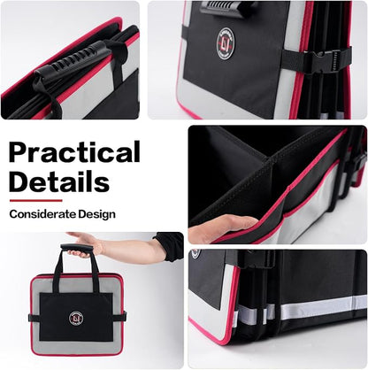 LIBZAKI Car Trunk Organizer,3 Compartments Big Trunk Storage, Large Capacity, Foldable, 95L Heavy Duty Storage Box for Car, SUV, Truck,Jeep, Includes 26L Cooler Bag-Gray&Black