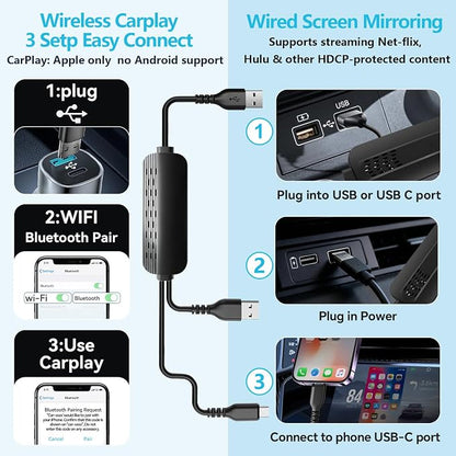 Wireless CarPlay Adapter with Screen Mirroring for Net-Flix YouTube TikTok, Auto-Connect, Local Media Playback，USB-A USB C Plug and Play,