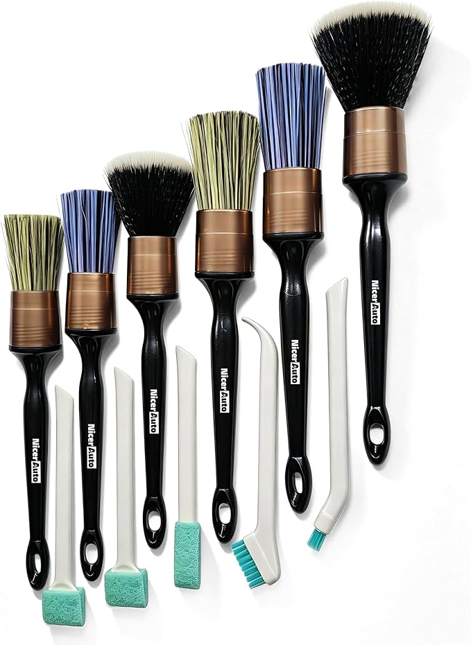 11PCS Professional Car Detailing Brush Set, Boars Hair & Ultra Soft Auto Detailing Brushes for Car Interior Exterior Cleaning, No Scratch Detail Brush Kit for Wheels Leather Air Vents, Gold