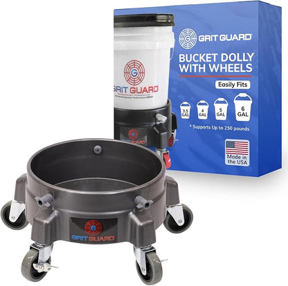 Grit Guard Bucket Dolly with Wheels - Rolling Detailing Wash Bucket with 5 Wheels and 2 Locking Casters Compatible with 2.5, 4, 5 and 6 Gallon Buckets (Silver, 3" Grey Casters) - Made in the USA