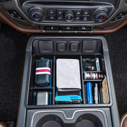 Center Console Organizer Tray Compatible with Chevy Silverado/GMC Sierra 1500/2500/3500HD 2014-2018,15-19 Silverado/Sierra 2500HD/3500HD Accessories Compartment,Full Console w/Bucket Seats ONLY,Blue