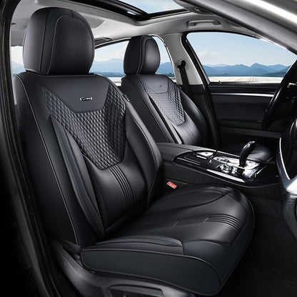 Coverado Car Seat Covers Full Set, Front Seat Covers with Lumbar Support and Back Seat Cover Waterproof Leather Automotive Seat Cover, Universal Car Interior Protectors Cushion for Most Cars