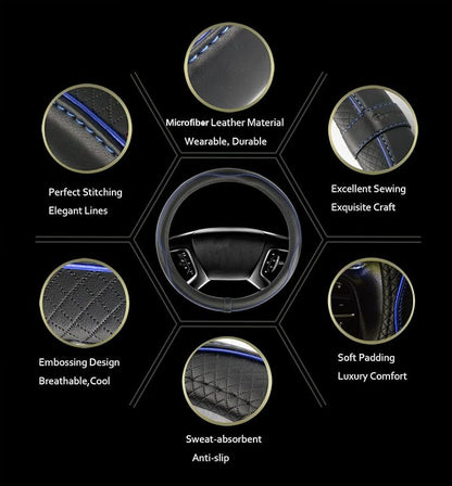Car Steering Wheel Cover, Anti-Slip, Safety, Soft, Breathable, Heavy Duty, Thick, Full Surround, Sports Style (Black Blue)