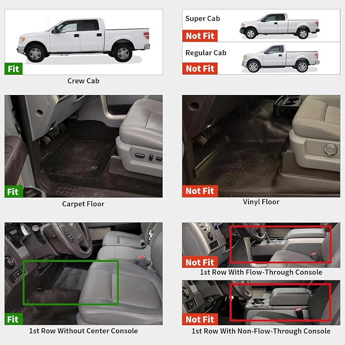 LASFIT Floor Mats for Ford F-150 2011-2014 SuperCrew 1st Row Bench Seating Carpet Floor, All Weather Protector Car Liners TPE Truck Mats, Front & Rear Rows, 3pcs Black