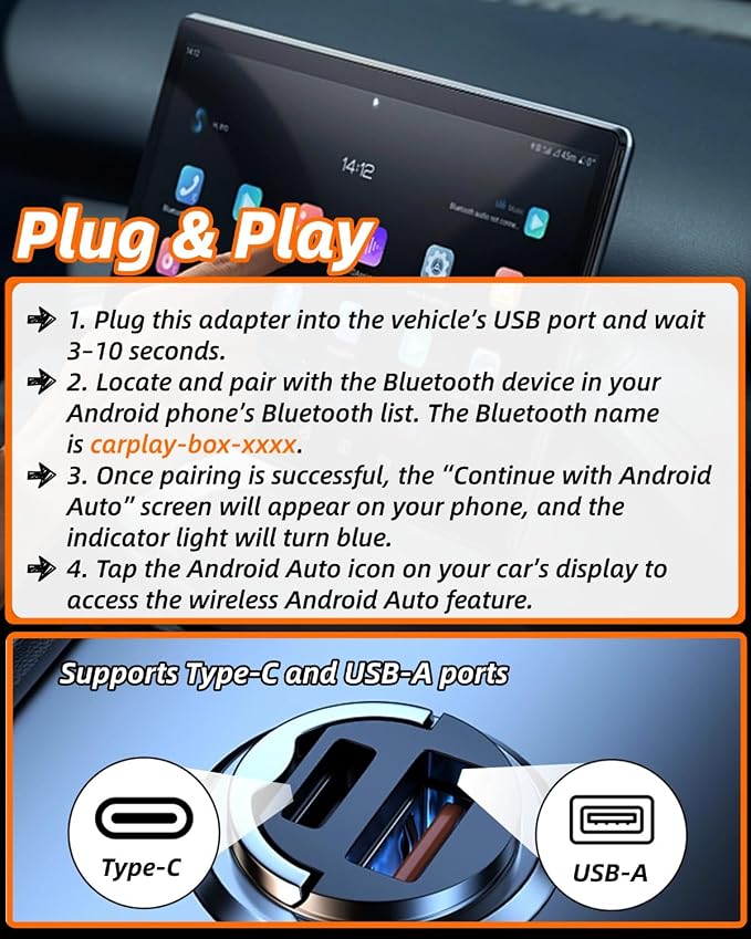 Wireless CarPlay Adapter 2026 Upgraded – No More Cables, Plug & Play Auto Connect, Bluetooth 5.3 Low Latency for Navigation & Music, 2-in-1 for Apple & Android, Wide Vehicle Compatibility USB & USB C
