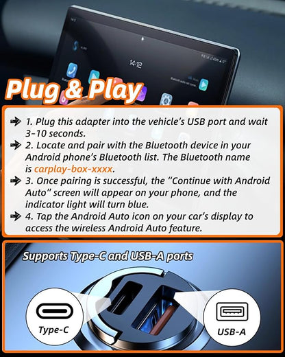 Wireless CarPlay Adapter 2026 Upgraded – No More Cables, Plug & Play Auto Connect, Bluetooth 5.3 Low Latency for Navigation & Music, 2-in-1 for Apple & Android, Wide Vehicle Compatibility USB & USB C
