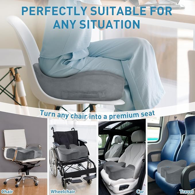 BlissTrends Extra Thick Seat Cushion for Office Chair & Car Seat,LightGrey | Tailbone & Sciatica Relief, Ergonomic Support, High-Density Memory Foam, Comfort for Extended Sitting