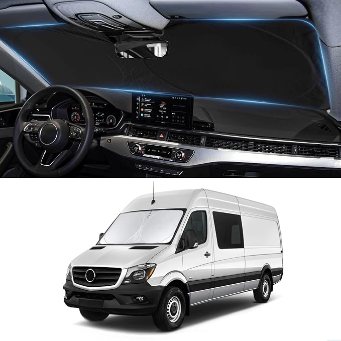 Custom Fit Benz Sprinter Windshield Sunshade for 2007-2025 2026 Mercedes Benz Sprinter Freightliner Cargo Crew Passenger Motorhome Accessories Window Shades Cover for Windshield Sun Visor Blocks UV