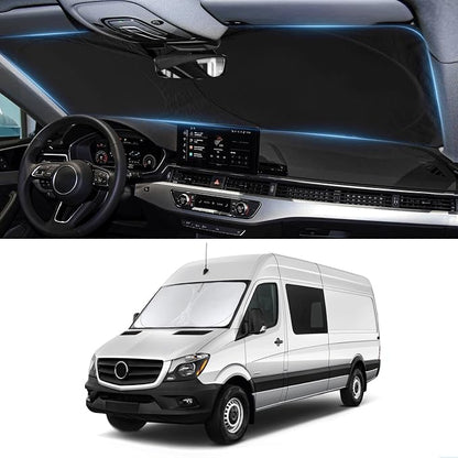 Custom Fit Benz Sprinter Windshield Sunshade for 2007-2025 2026 Mercedes Benz Sprinter Freightliner Cargo Crew Passenger Motorhome Accessories Window Shades Cover for Windshield Sun Visor Blocks UV