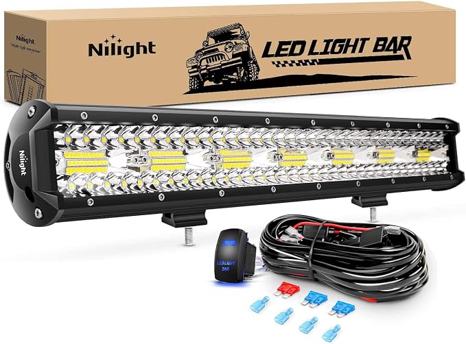 Nilight 20 Inch 420W LED Light Bar Triple Row Flood Spot Combo 42000LM Driving Boat Led Off Road Lights with 12V On/Off 5 Pin Rocker Switch 16AWG Wiring Harness Kit, 2 Years Warranty