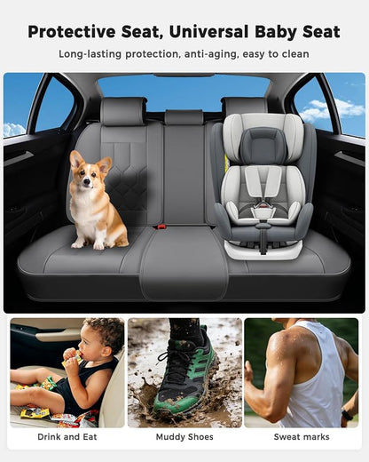 Huidasource Seat Covers Full Set, Universal Fit for Most Cars SUVs Trucks, Full Coverage Waterproof Leather Car Seat Cover, Airbag, Cupholder Compatible, Seat Function Retain, Velcro Adjustable, Gray