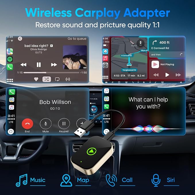 Wireless Carplay Adapter for iPhone, Converts Wired CarPlay to Bluetooth Wireless, Mini Car Play Screen Dongle with USB A/C for Cars 2018+ with Built-in Wired Carplay, Auto-Connect, No Delay