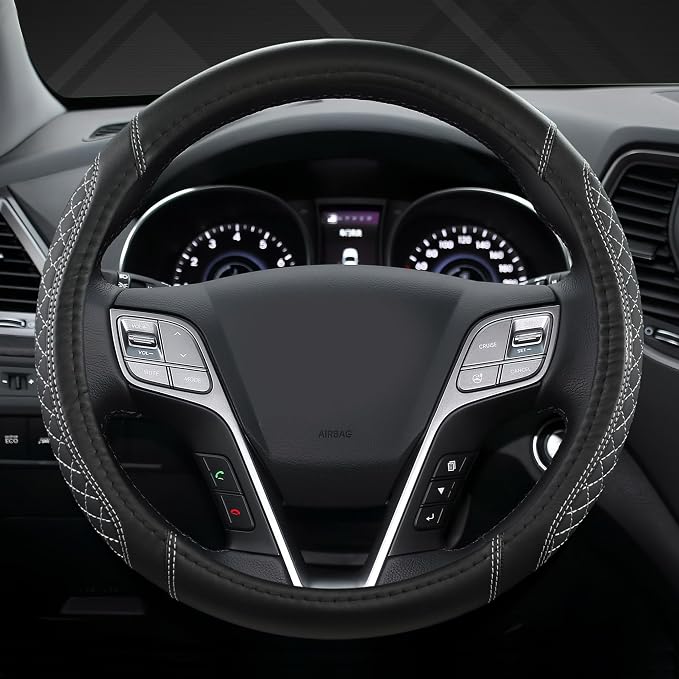 West Llama Customized Auto Car Steering Wheel Cover for Hyundai,Tucson,Sonata,Elantra,Santa Fe,Genesis,Sonata Hybrid,Azera,Venue,Kona, 14.5-15 inches(Diamond Quilted-Black+Gray-Standard Size)