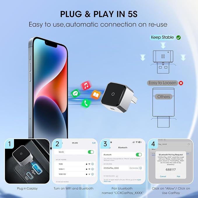 Wireless Carplay Adapter for iPhone, Convert Wired to Apple Carplay Wireless Adapter, Mini Size, Plug and Play, Connection Stable No Delay Car Play for Toyota Specific Models