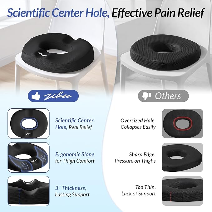 ZIKEE Donut Pillow Seat Cushion for Tailbone Pain, Hemorrhoid Pillow with Pressure Relief Hole & Thigh Slope Design for Postpartum & Post Surgery Sitting Relief, Donut Seat Cushion for Office & Home