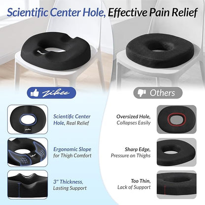 ZIKEE Donut Pillow Seat Cushion for Tailbone Pain, Hemorrhoid Pillow with Pressure Relief Hole & Thigh Slope Design for Postpartum & Post Surgery Sitting Relief, Donut Seat Cushion for Office & Home