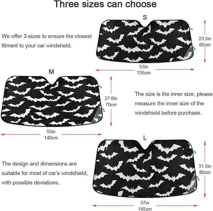 White Bats on Black Windshield Sun Shade for Car Auto SUV Truck Foldable Front Window Sunshade Sun Visor Protector Block UV Rays Reflect Heat, 55" x 28"