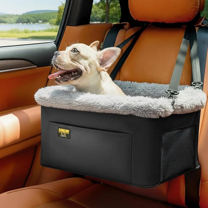 Conlun Dog Car Seat Booster for Small Pet Under 20lbs, Portable Travel Puppy Car Seat with Internal Steel Frame, Comfort Cushion & Storage Pockets, Adjustable Straps Fit Most Cars, Black