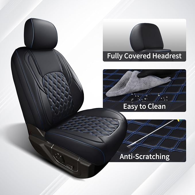 Huidasource Leather Car Seat Covers Fit for Toyota Tacoma 2016-2023 2022 2021 Full Coverage Seat Cover for Double/Crew Cab SR, SR5, Limited, TRD Pro, TRD Sport,TRD Off-Road (Front Pair/Black&Blue)