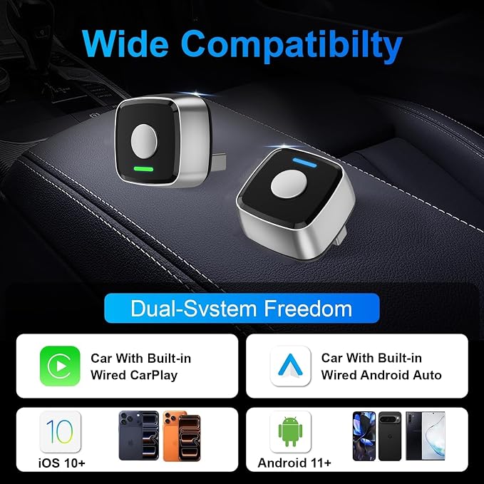 Mini Wireless CarPlay Adapter for iPhone & Android Auto 2026 Upgrade 2-in-1, Wired to Wireless Carplay, One-Touch Switch, Fast & Stable Connection, Plug & Play, for iOS 10+ & Android 11+, Cars 2016+