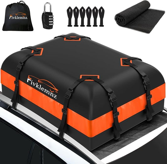 FIVKLEMNZ Rooftop Cargo Carrier - 15 Cubic Waterproof Roof Top Cargo Bag for All Cars SUVs with/Without Rack, Heavy Duty 840D Car Roof Bag with Anti-Slip Mat, 8 Reinforced Straps, 6 Door Hooks & Lock