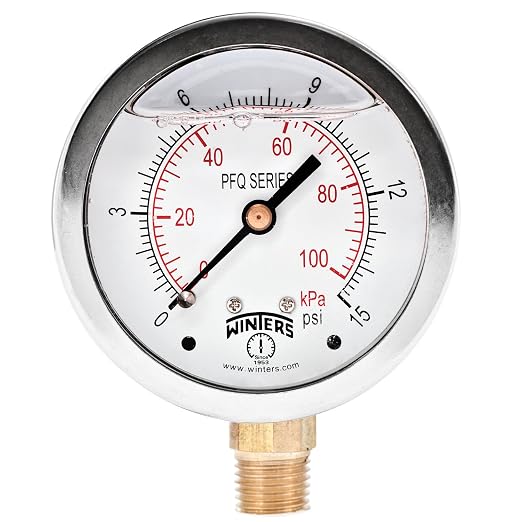 Winters 2-1/2" Dial Size, Liquid Filled Industrial Pressure Gauge, Brass Internals, 304 Stainless Steel Case, Dual Scale 0-15 psi/kPa, 1.5% Acc, 1/4" NPT Bottom Mount, Glycerin Filled Pressure Gauge