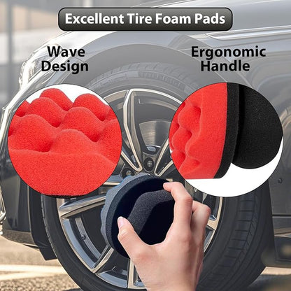 Tire Shine Applicator Pads, 4 Pcs Tire Dressing Applicator, Reusable Tire Shine Sponge Wave Contoured for Car Detailing, 4.33 inch (2 Red & 2 Black)