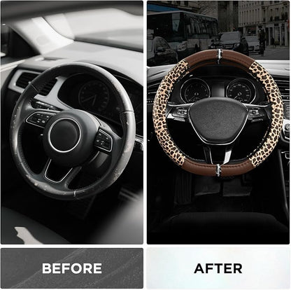 Road Comforts Leopard Steering Wheel Cover for Women, Cute Anti-Slip Microfiber Leather, Fits D Shape Flat Bottom Steering Wheel 14.5-15 Inch - Brown