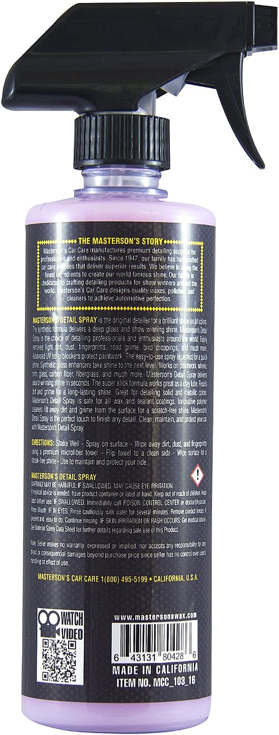 MASTERSON'S CAR CARE MCC_103_128 Detail Spray - Anti Static Sprayable Detailer for Cars, Trucks, Motorcycles, RV, Apartments - Removes Dust, Dirt, Fingerprints Instantly (16 oz.)