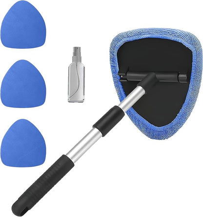 Car Window Cleaner, Car Cleanser Brush, Car Accessories Car Cleaning Supplies Tools, Car Cleaning Kit with Extendable Handle, Microfiber Cloth, Spray Bottle, Fits All Cars (Blue)
