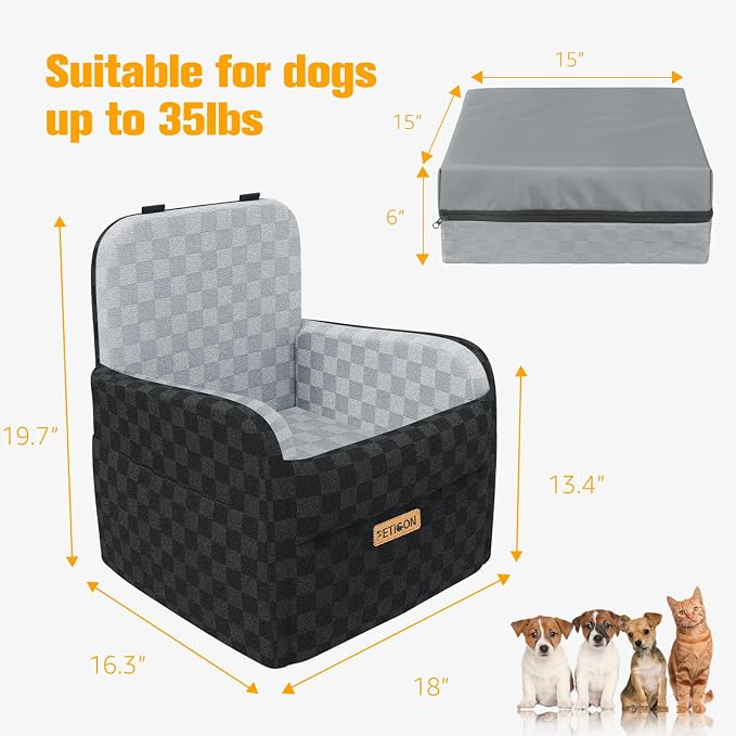 PETICON Waterproof Dog Car Seat for Small Medium Dogs, 6in Memory Foam Pet Booster Seat for Dogs up to 26 lbs with Pockets, Detachable Washable Pet Carseat with Y-Shape Safety Belt