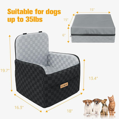 PETICON Waterproof Dog Car Seat for Small Medium Dogs, 6in Memory Foam Pet Booster Seat for Dogs up to 26 lbs with Pockets, Detachable Washable Pet Carseat with Y-Shape Safety Belt