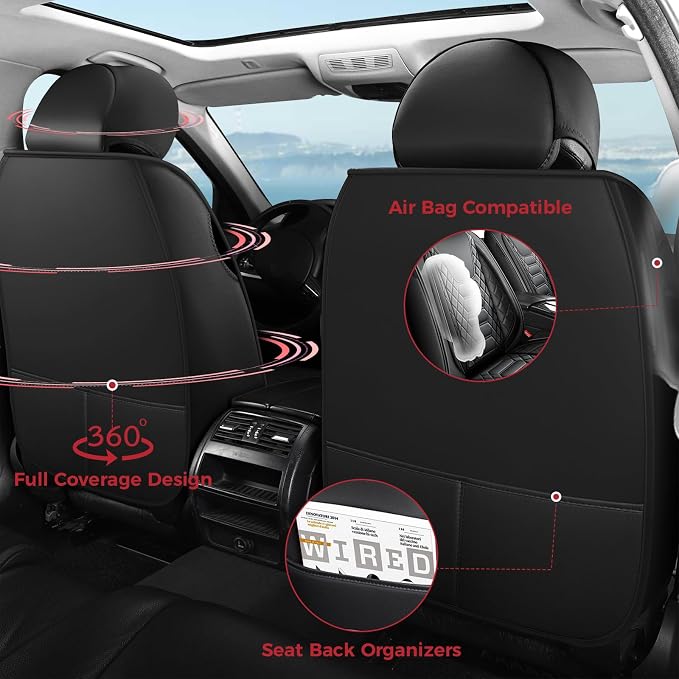 FREESOO Car Seat Covers Leather Seat Cover Full Set Automotive Seat Cover Protector Accessories Airbag Compatible Universal Fit for 5 Seats Black Grey