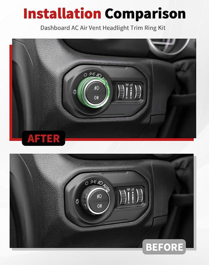 JWWY JL AC Air Vent Trim Rings & Dashboard Headlight Switch Decor Switch Knob Cover Kit Fit for 2018-2023 Jeep Wrangler JL JLU Interior Accessories, Aluminum Alloy 8PCS Green
