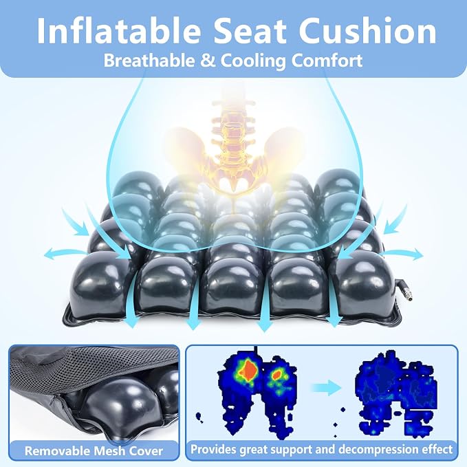 Inflatable Pressure Relief Air Cell Cushion for Wheelchair & Mobility Scooter, Breathable Cooling Seat Cushion for Pain & Sores Relief, Long Sitting, Airplane & Office Use (16" x 16")