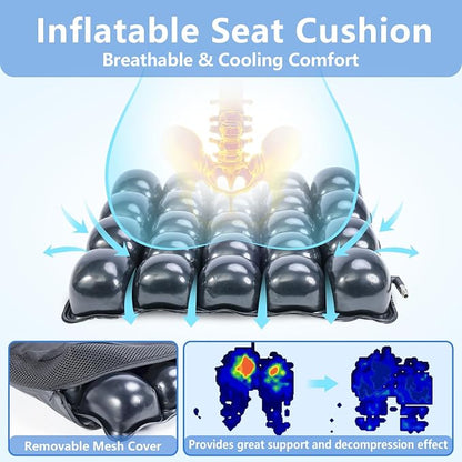 Inflatable Pressure Relief Air Cell Cushion for Wheelchair & Mobility Scooter, Breathable Cooling Seat Cushion for Pain & Sores Relief, Long Sitting, Airplane & Office Use (16" x 16")