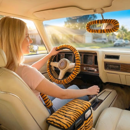 5 Pcs Fuzzy Animal Print Car Accessories Set, Soft Fluffy Plush Steering Wheel Cover, Center Console Armrest Pad & Rearview Mirror Cover - Interior Decorations for Women,Universal Fit (Tiger Print)