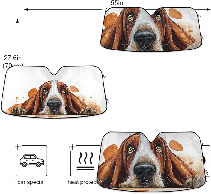 Basset Hound Windshield Sun Shade Basset Hound Sunshade Auto Blocks UV Rays Visor Protector Funny Dog Accordion Folding Sun Reflector Auto Sunshade for Car Truck SUV to Keep Your Vehicle Cool