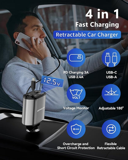 BERTHALESS Retractable Car Charger, 4 in 1 Fast Charging Car Charger with USB-C & USB-A, Compatible with iPhone 17/16/15/14/13/12/11,Galaxy,Pixel,Car Accessories Gifts for Fathers Day,Husband,Men,Dad