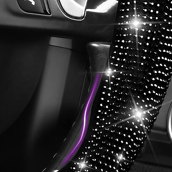 CAR PASS 2PCS Bling Diamond Segmented Steering Wheel Cover with Crystal Rhinestones, Wheel Protector Non-Slip Cute Car Accessories Universal Fit D-Shape O-Shape 14.5" to 16" for Women, Black Diamond