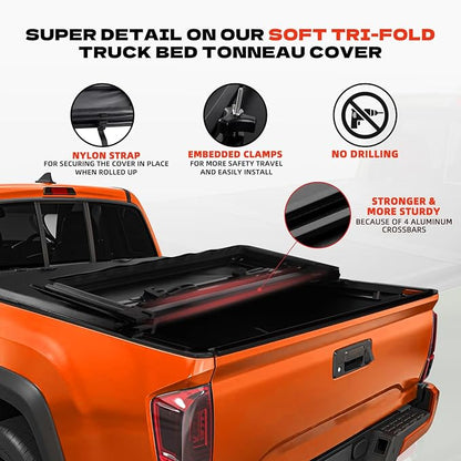 Soft Tri-Fold Truck Bed Tonneau Cover for 2016-2025 2026 Toyota Tacoma Fits 6FT Bed (73.7") | Only for Models with The Deck Rail System