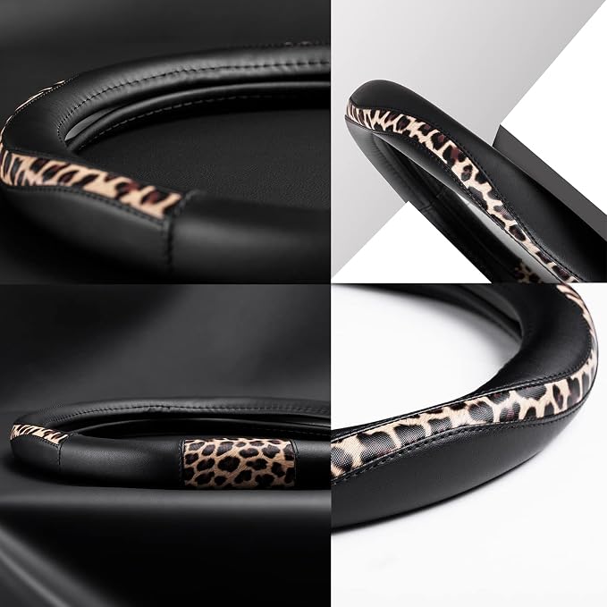 Road Comforts Steering Wheel Cover - Flat Bottom Wheel Cover Made with PVC Leather and Leopard Fabric - Universal Fit for 15-Inch D-Shaped Automotive Steering Wheels (Black Color)