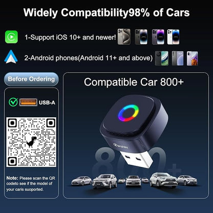 2-in-1 Wireless CarPlay Adapter for Apple iPhone & Android, Adapter Convert Wired to Wireless CarPlay, Mini USB Car Play Adapter with Type-C Extension, Plug and Play, Stable Connection & No Latency